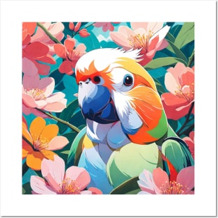 Garden Lovebird- lovebird in front of vibrant florals Posters and Art